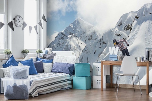 Vlies Fototapete - Snowboarder auf Bergen 375 x 250 cm